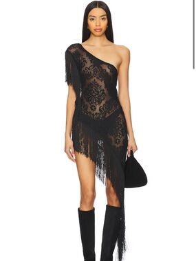 Jaded London Black One-Shoulder Fringe Lace Mini Dress